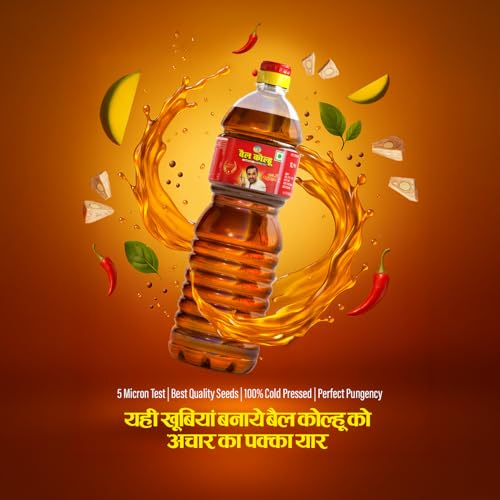 Image of Bail Kolhu Kachi Ghani Mustard Oil | Cold Pressed Sarso Tel (500ml, 1L, 2L, 5L) (1L Bottle)