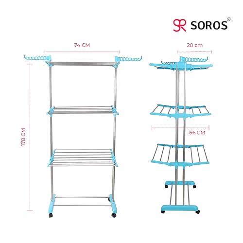 Image of SOROS 3 Layer Clothes Drying Stand Foldable with Wheels (Light Blue)