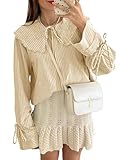 Tankaneo Womens Peter Pan Collar Shirts Long Bell Sleeve Tie Front Tops Vertical Striped Button Down Cute Blouse Apricot