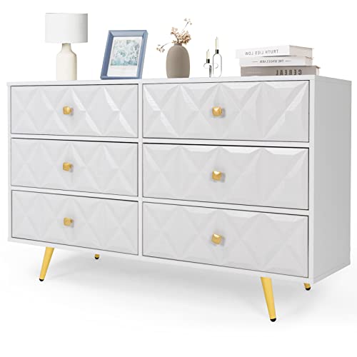 Eazehome White Dresser, Dresser For Bedroom, Double Dresser With 6 Drawers, Wood Chest Of Drawers, Wide Dresser With Glod Handles, White Bedroom Dresser With High Gloss #TOP5