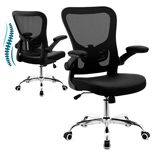 X Xishe Office Chair,Pu Cushion Ergonomic Desk Chair,Mesh Mid Back Height Computer Chair,Flip-Up Armests Home Computer Chair,Adjustable Lumbar Support Task Chair With Soft Seat,Black #TOP10