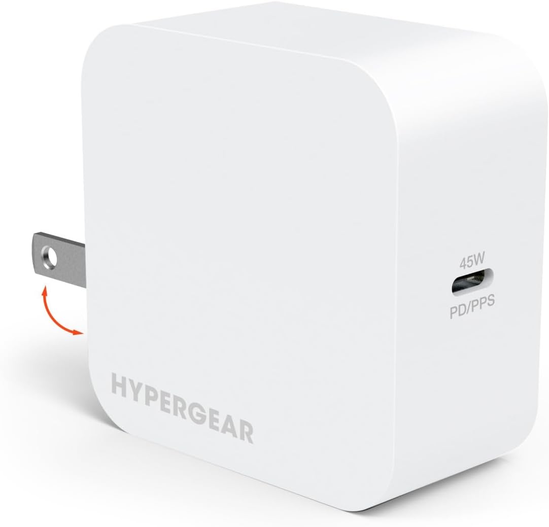 HyperGear 45W USB-C PD Wandladegerät, weiß, mit klappbaren Steckerstiften.