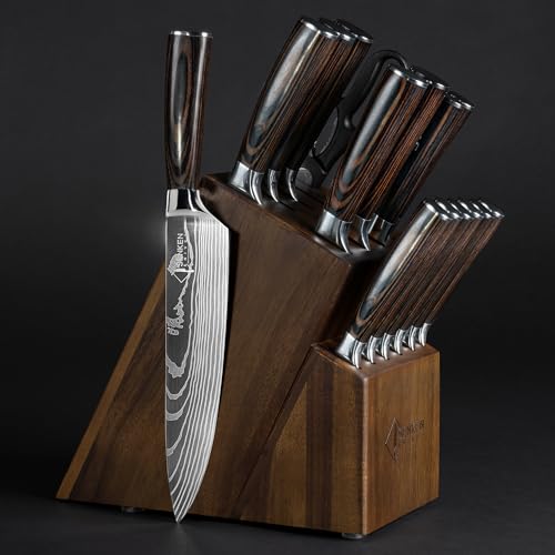 SENKEN 16-Piece Natural Acacia Wood Kitchen Knife Block Set - Japanese Chef's Knife Set with Laser Damascus Pattern, Includes Steak Knives, Kitchen Shears, Santoku, Cleaver & More (Wooden Handles)