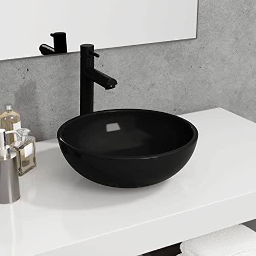 WIFESE Lavandino in Vetro Temperato Lavandino Del Bagno In Vetro Lavabo In Vetro Lavello Da Appoggio In Vetro Lavabo Da Appoggio Lavandino Bagno Arredo Bagno Lavabo Bagno 35x12 cm Nero