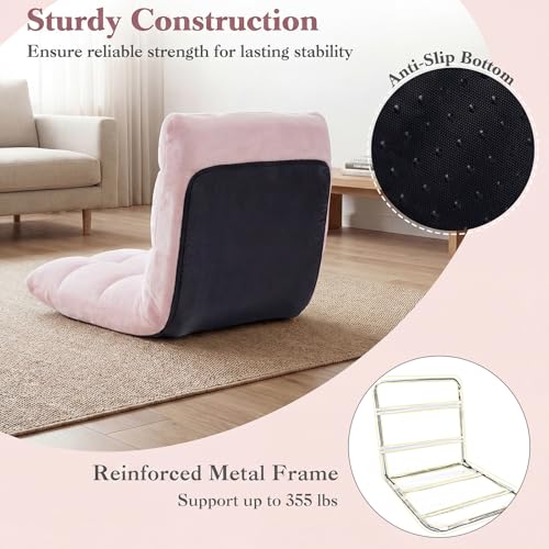 Image of Giantex Folding Floor Chair with Back Support, 14 Adjustable Position, Padded Sleeper Bed, Couch Recliner, Gaming Video Chairs for Adults, Meditation, Living Room (Light Pink)