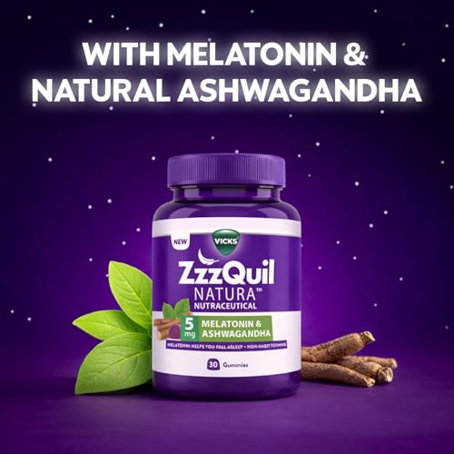 Image of Vicks ZzzQuil Natura Sleep Gummies (Pack of 30) 5mg Melatonin with 50mg Natural Ashwagandha, Helps You Fall Asleep, Non-Habit Forming, Strawberry Flavor, Pure Vegetarian, Sealed Jar