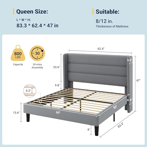 Image of Allewie Queen Size Platform Bed Frame with Velvet Upholstered Wingback Headboard, No Box Spring Needed, Under Bed Storage Space, Strong Wooden Slats, Modern Mattress Foundation, Easy Assembly, Grey