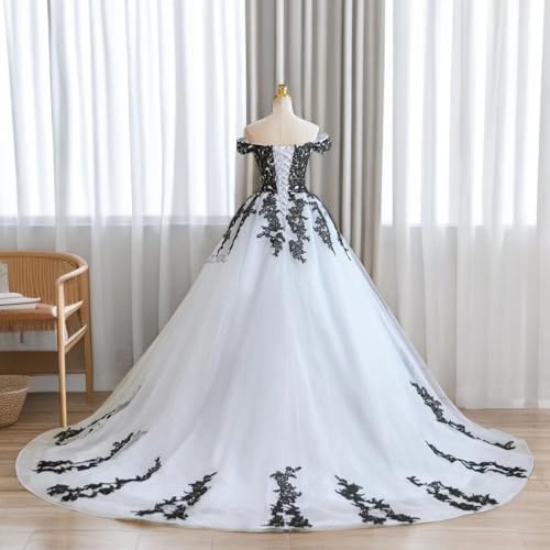 Off Shoulder Boho Plus Size Wedding Dresses Lace Appliques White and Black Wedding Gowns Tulle Bridal Dresses3