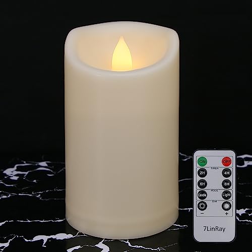 7LinRay Flickering Flameless Candles with Remote and Timers, Waterproof Outdoor Indoor Battery Operated LED Pillar Candles for Home Wedding Decor, Ivory Plastic, D3 X H6, 1 Pack