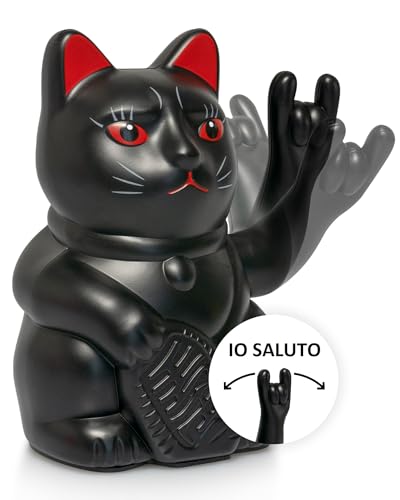 ANGRY CAT - Gatto fortuna Lucky Cat ROCKSTAR - Divertente gatto giapponese che saluta con segno Heavy Metal - Figura statuetta statua idea di regalo con braccio ondeggiante - nero, 15cm