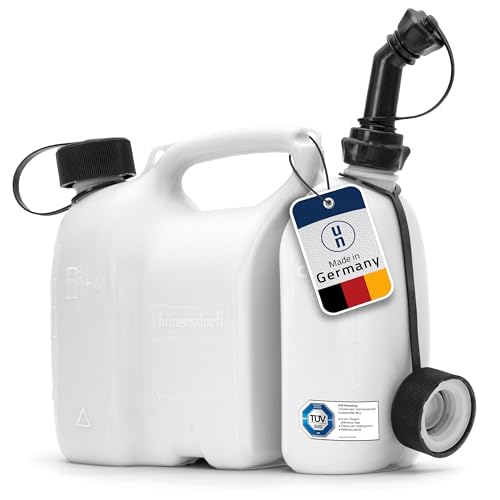 hünersdorff 803900 PROFI Doppelkanister / Kombikanister für Kraftstoff und Öl mit Kindersicherung und Auslaufrohr, 3 + 1,5 Liter, UN-Zulassung, Made in Germany, Weiß, natur