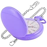 Realpoo Purple Smooth Cover Quartz Pocket Watch, Fashionable Roman Digital White Dial with Waist Chain Pocket Watches for Men -Purple