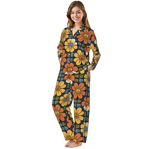 Image of Women'S Long Sleeve Pajama Set Soft Loungewear Button-Down Top & Elastic Waist Pants S- 2XL