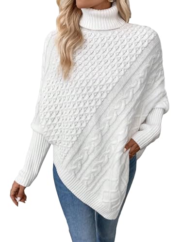 Image of MakeMeChic Women's Turtleneck Cable Knit Poncho Sweater Asymmetrical Long Sleeve Pullover Top White Large