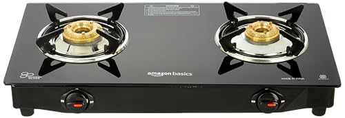 Image of Amazon Basics 2 Burner LPG Gas Stove with Toughened Glass-top | ISI APPROVED | Tri-pin Brass Burners with spill-proof and easy-clean design | Anti-skid legs (Black)