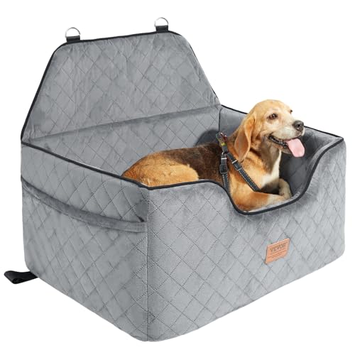 VEVOR Seggiolino da Auto per Cani di Media Taglia 25kg, Rialzo con Tasca Portaoggetti, Guinzaglio di Sicurezza con Clip, Imbottitura in Spugna, Cuccia da Auto per Animali, Grigio