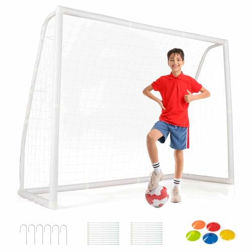 Costway 3.7M x 1.8M/2.5M x 1.8M/1.8M x 1.2M Soccer Goal, Weather Resistant Soccer Net and UPVC Frame with Ground Stakes and Soccer Cones for Home Backyard Practice Training, Quick Assembly