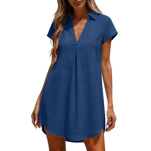 Generisch Vestido de muselina para mujer, de verano, manga corta, vestido de playa, minivestido de cuello en V, informal, vestido de verano, vestido de blusa, monocolor, elegante, vestido camisero