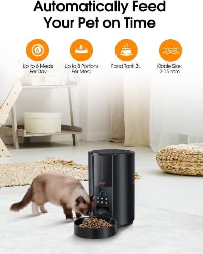 WOPET Automatic Cat Feeder, 3L Dry Food Dispenser, Timed Feeder 6 Meals Daily with Portion Control, 10s Voice Recording, Backup Power - Image 2