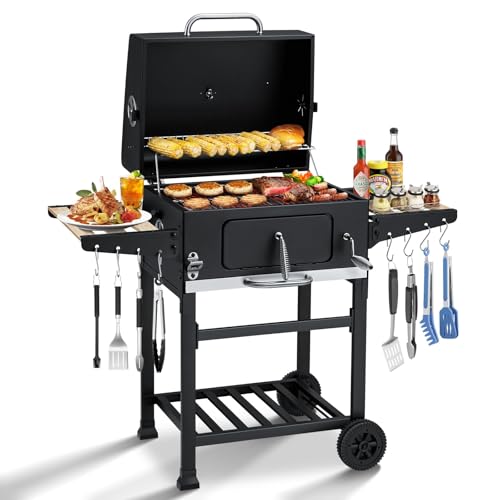 MELLCOM Small Charcoal Grill with Wood Foldable Side Table -