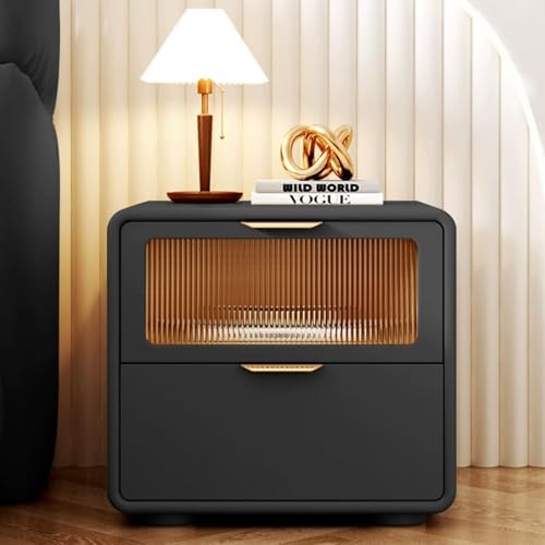 Modern Minimalist Wood Bedside Table with Leather Wrap, 2-Tier Storage Drawer, Steel Ball Tracks, Multi-Purpose Nightstand for Bedroom Living Room (Blue, 45 cm)