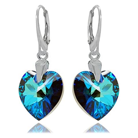 Royal Crystals Sterling Silver 925 Drop and Dangle Luxe Blue Love Heart leverback Earrings Made with Imitation of Crystals Cover