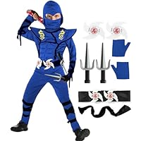 SATKULL Blue Ninja Costume for Kids Ninja Deluxe Costumes Set with Ninjas Accessories for Boy Dress Up(Kids-M-6/7T Blue)