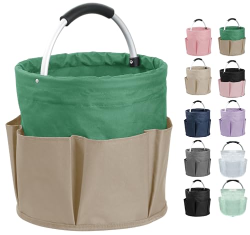 Image of 17L Foldable Cleaning Supplies Caddy with Handle, Khaki with Green | IHOMAGIC 6-Pocket Tool Bag, 600D Oxford Cleaning Tote Bucket, Portable Storage Basket Organizer for Car Detailing, Gardening