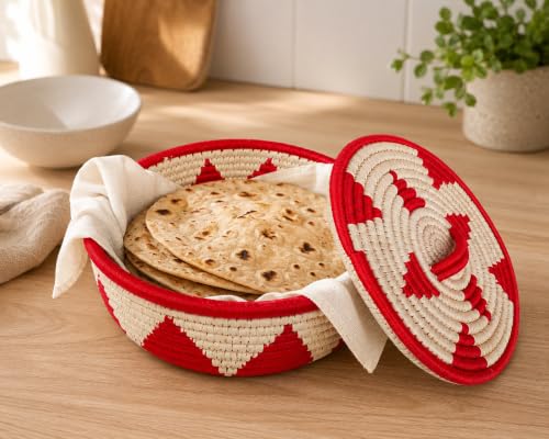 Image of Handmade Sabai Grass Date Palm Roti Box with Wooden Knob (RED TRIANGLE)