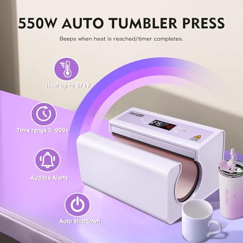 Automatische Heißpresse für Becher, pinkfarbene Tassen-Heißpresse für 10-30 oz (2,9-3,34 Zoll), gleichmäßige und schnelle Erwärmung, für gewerblichen/privaten Gebrauch mit Starter-Kit (Lila)