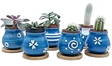 GREEN PRO Mini 3 Inch Ceramic Japanese Style Succulent Plant Pot 6 Piece Set with Free Bamboo Trays | Artificial Flower Cactus Plants Planters for Home, Office, Desks, Windows | Handcrafted & Premium