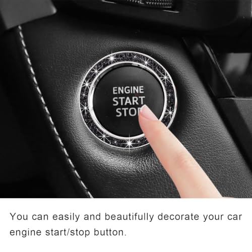 Image of Car Bling Crystal Rhinestone Engine Start Ring Decals, Sparkling Diamond Car Push Start Button Ignition Ring Sticker, Auto Key Ignition Knob Ring Decoration for Women Girls (Black)