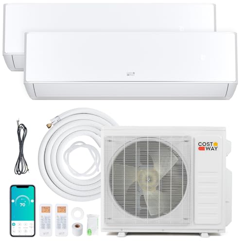 COSTWAY 27k Dual 2 Zone Mini Split Air Conditioner, 24 SEER2 9000 BTU+ 18000 BTU 208-230V Inverter AC w-Heat Pump & Pre-Charged Condenser,WiFi Enabled Ductless Multi Zones AC, Line Set Included