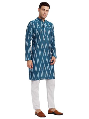 Image of SKAVIJ Men's Pure Cotton Printed Kurta Pajama Set Ikat Design Casual Ethnic Dress