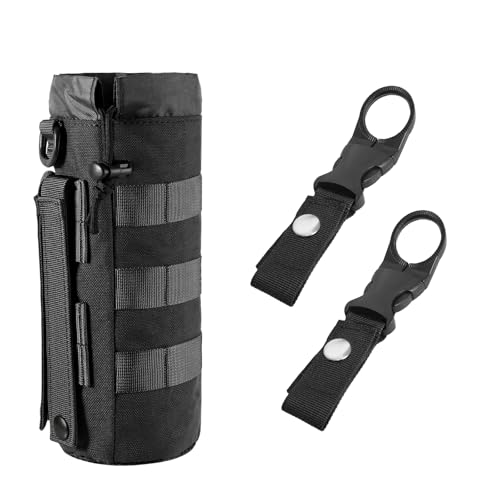 Black Water Bottle Holder with Belt Clip – Molle Compatible Nylon Bottle Pouch with Mesh Bottom – Ideal for Outdoor, Camping, Hiking, Backpack Accessory