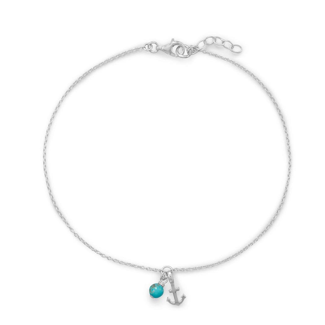 925 Sterling Silver 9.25 Inch + .75 Inch Nautical Ship Mariner Anchor and Turquoise Anklet 9.25+.75 Inch 4.7mm Simulated B Jewelry Gifts for Women