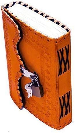 Leather Notebook Diary Double Folding with Brass Lock on Front - Size of (H) 7 *(L) 5*- Orange
