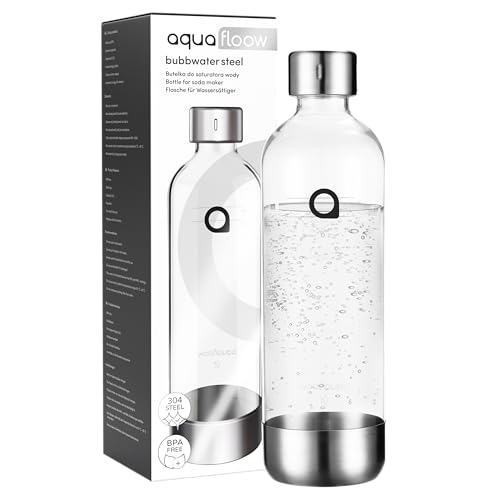 Aquafloow Bouteille d’Eau de Remplacement pour Machine à Soda – Bouteille Plastique Sans BPA 0,8 L avec Base en Acier Inoxydable, Bouteille Réutilisable pour Eau Gazeuse et Carbonatation