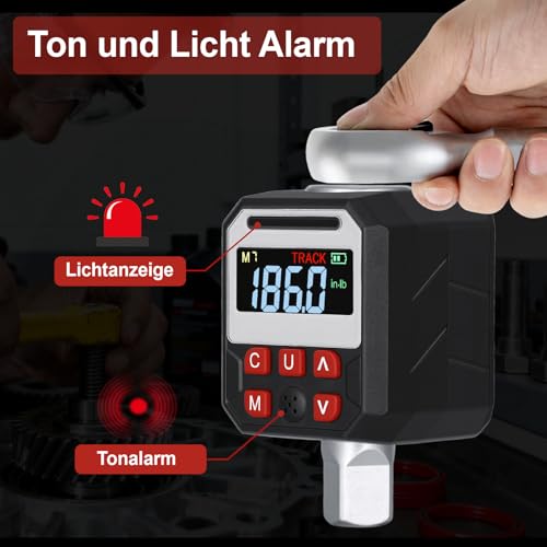 HISUEKIG Digitaler Drehmomentadapter, 1/2 Zoll Digital Drehmomentschlüssel mit ±2% Genauigkeit, Voreingestellter, LED Anzeige, Summer, 3/8\ und 1/4\ Adapter für Fahrrad, Motorrad, Auto (10-200Nm)