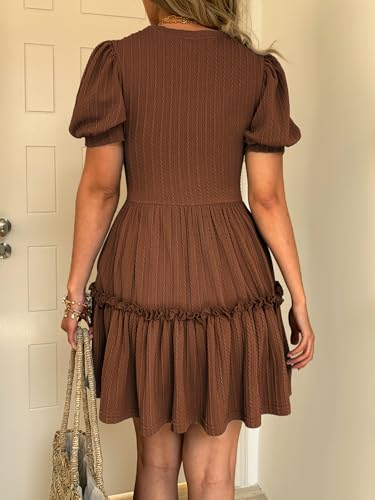 Image of Mieazom Women's Puff Sleeve Ruffle Dress, Brown Cotton Blend Mini Dress with Pockets, Elastic Waist & Flowy Fit