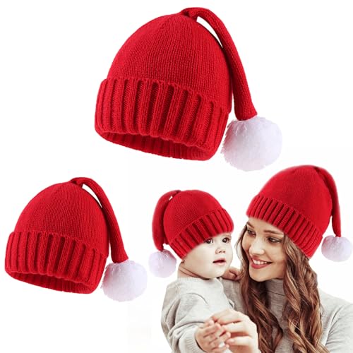 Weihnachtsmütze mit 2 Bommeln 26 Kunyeah 2 Stück Eltern-Kind-Weihnachtsmütze Warme Wintermütze...