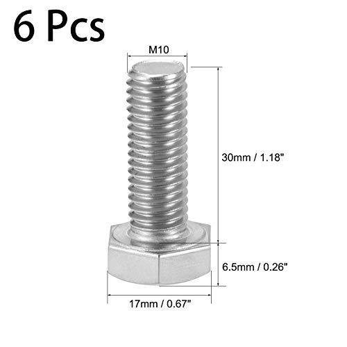Image of 6 Pcs M10 Hex Bolt M10-1.5 x 30mm UNC Hex Head Screw Bolts A2-70(304) Stainless Steel Fully Threaded Hex Tap Bolts,Plain Finish,Fully Threaded (M10 x 30mm)