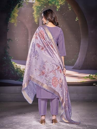 Image of Women's Cotton 3 /4 Sleeves Purple Straight Kurti with Matching Pant & Printed Dupatta Set