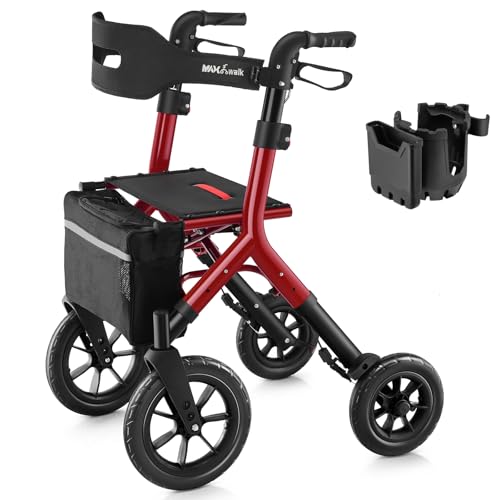 Image of MAXWALK Rollator Walker with Seat, Tall Walkers for Seniors, 12 inch Big Rubber Wheels All Terrain Rollator Walker with Backrest, Built-in Cable, Foldable and Dual Adjustable Height for 5.3-7ft, Red