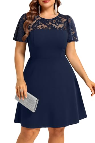 Image of Plus Size Cocktail Dress - Lace Wedding Guest Party Crew Neck Short A Line Dresses Women