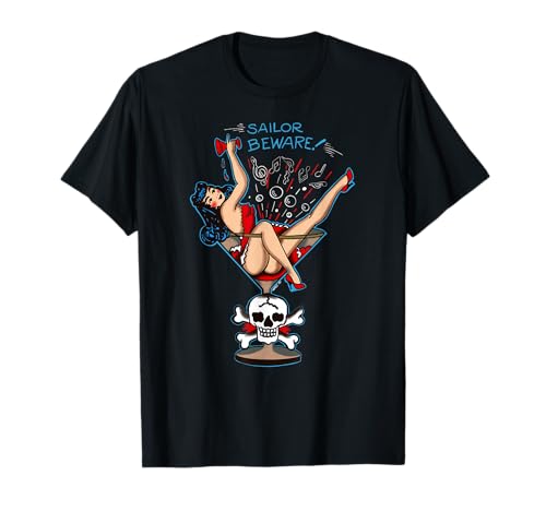 Vintage "Sailor Beware" Pin Up Girl in Martini Glass Tattoo Camiseta