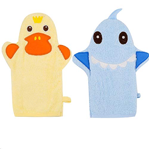 Image of Baby Bath Mitt Ducky Puppet Washcloths Kids Wash Gloves Bath Sponge Body Scrub for Toddler (Blue Shark&Yellow Ducky)