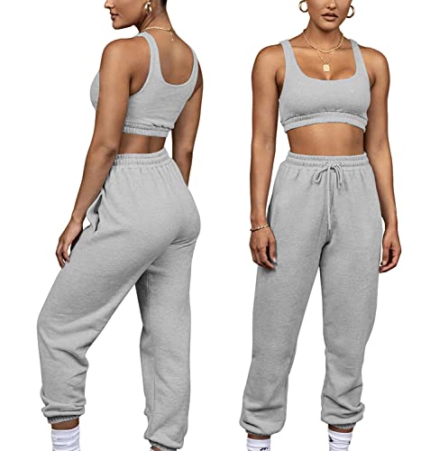 Dgebou Casual 3 Piece Workout Set Outfits For Women, Long Sleeve Zipper Hoodies Loose Jacket With Crop Tank Vest And Jogger Pants Athletic Clothing Set Tracksuit Sweatsuits (Medium, Grey) #TOP2