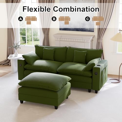 Image of KCGKCG 80.7 inch Modular Sectional Sofa, L Shaped Cloud Couch with Movable Ottoman, Chenille Deep Seat Cloud Sofa with Charging Station, Cup Holder, Side Pocket, Sectional Couches for Living Room, Green