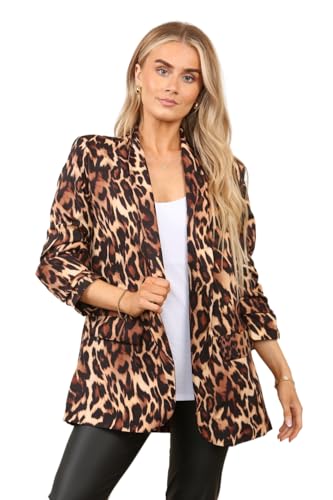 STAR FASHION Ladies Longline Duster Coat Blazer Frill Ruffle 3/4 Rouge Sleeve Womens Italian Blazer Stylish Leopard Print Black Brown 20 to 22